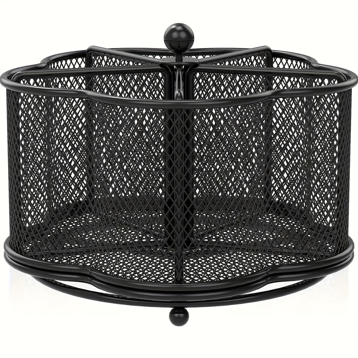Rotating Metal Utensil Caddy, Five-Compartment Flower-Shaped Mesh Cutlery Organizer with 360-Degree Rotation and Weighted Base for Kitchen Counters and Buffets