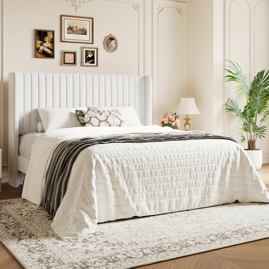 WEEWAY Wingback Velvet Platform Bed Frame with Vertical Channel Tufted Headboard and Wooden Slats, Seven Colors in Full, Queen and King Sizes