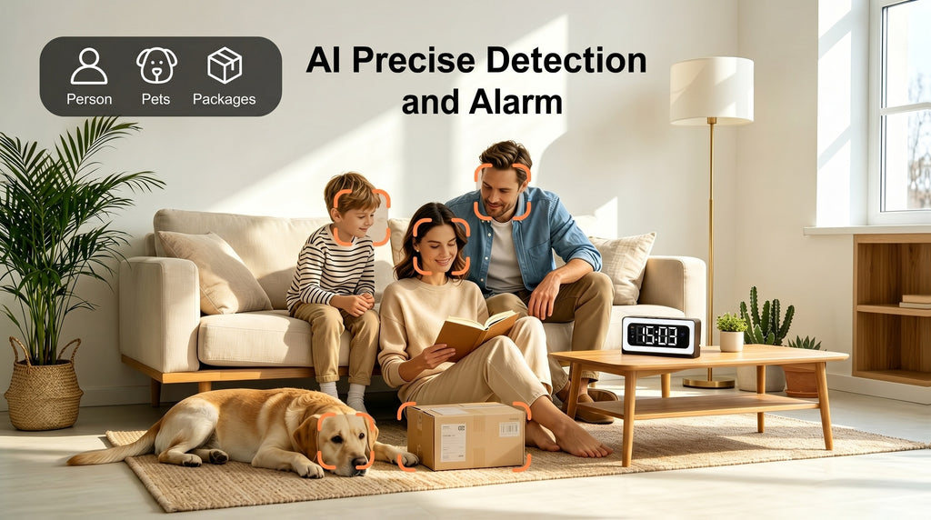 Wood-Grain Indoor Security Clock Camera with Listed 2K Video, Dual-Band WiFi, Color Night Vision, Motion Alerts, Rechargeable Battery and Optional microSD Storage
