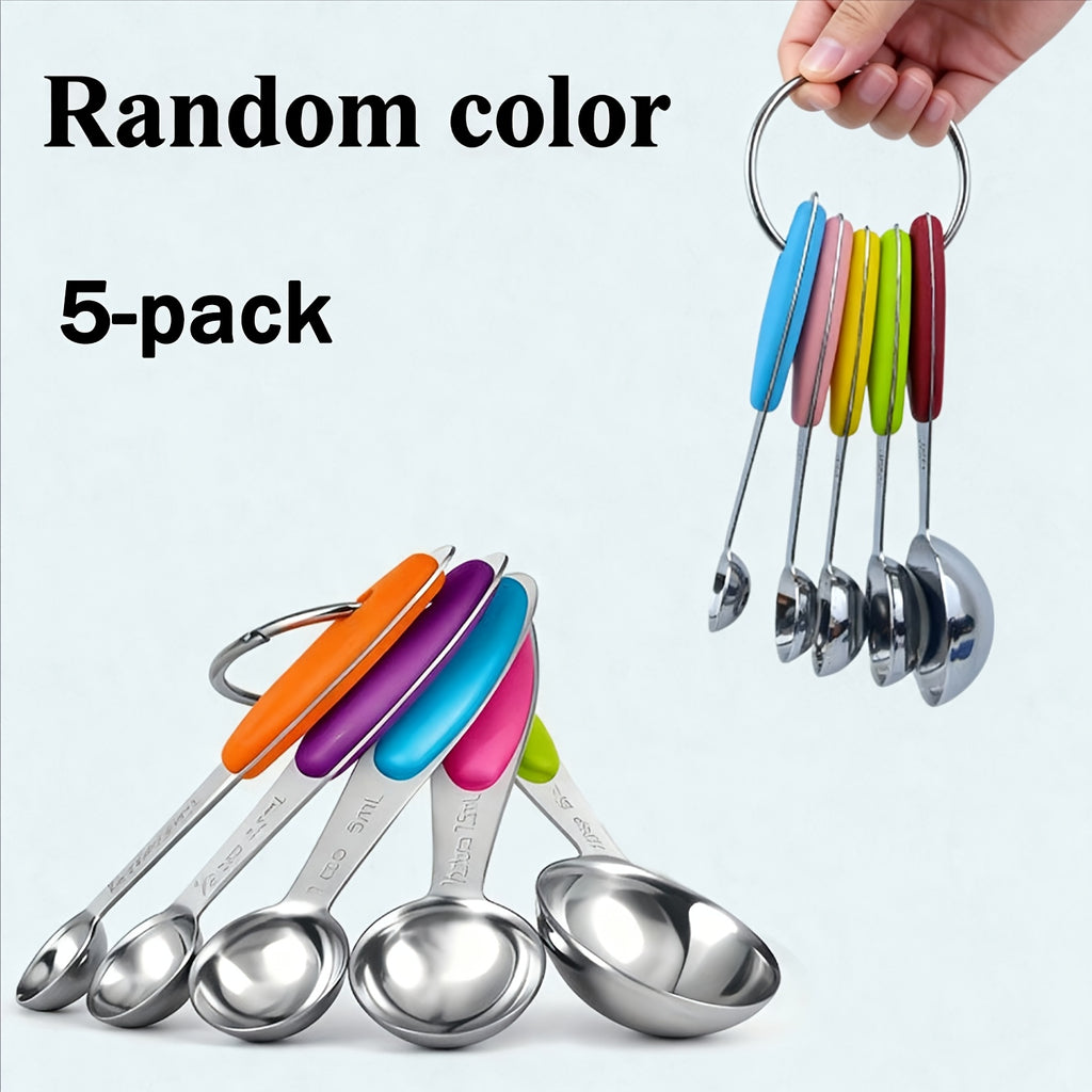 Stainless Steel Measuring Spoon Set with Silicone Handles, Five-Piece Kitchen Measuring Tools in Random Colors for Everyday Home Cooking and Baking Prep