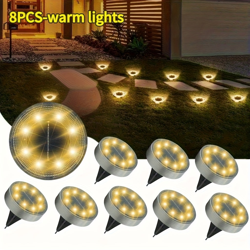 Solar In-Ground Lights in White or Warm Light, 8 or 16-Piece Garden Accent Packs with Listed Eight-LED Design and IP44 Rating for Lawn and Pathway Borders