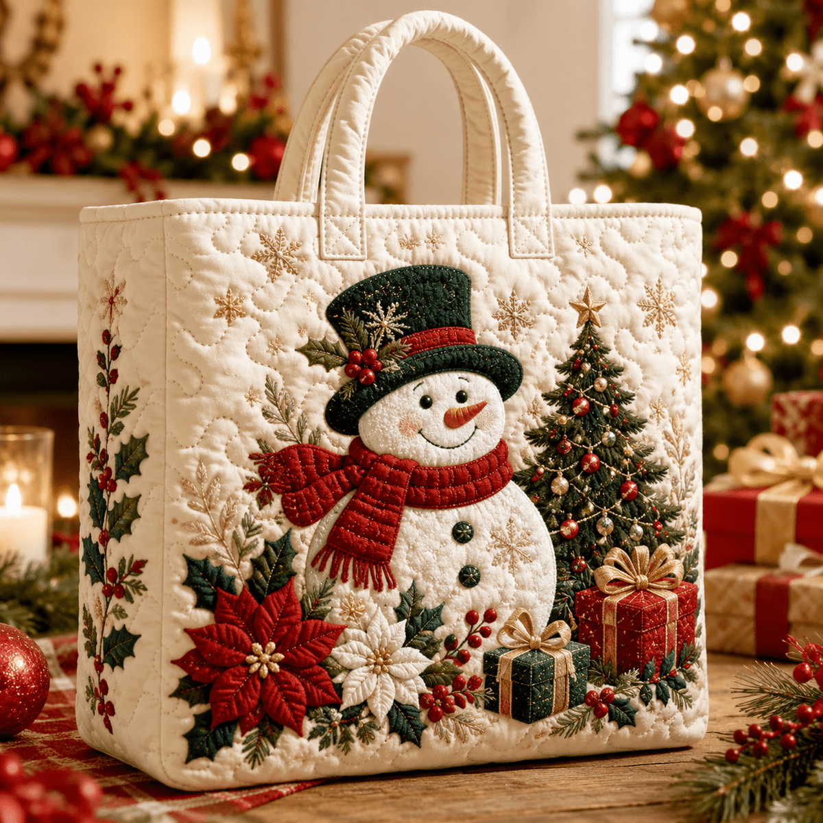 Christmas Quilted Tote Bag for Women with Snowman and Tree Theme, Shoulder Handbag in Three Listed Sizes for Holiday Shopping, Work and Winter Travel