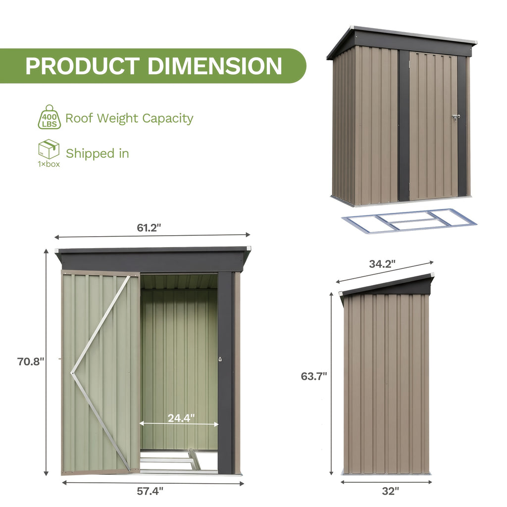 Outdoor Metal Tool Shed in Listed 5 x 3 FT Size, Garden Storage Building with Single Lockable Door and Sloping Roof, Brown, Grey or White Model Options