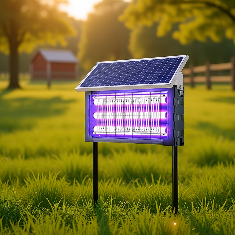 Solar-Powered Bug Zapper in Black with Automatic Day-Night Operation, Hook, Support Rod and Listed 10ft Solar Panel Extension Cord for Patio and RV Setups