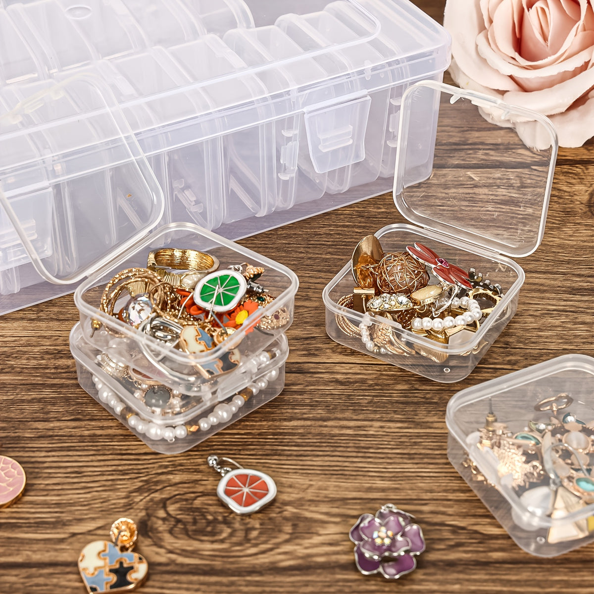 90-Slot Bead Storage Set by TOMNK, Three Clear Stackable Plastic Organizer Boxes with 30 Compartments Each for Jewelry-Making Supplies, DIY Crafts and Small Accessories