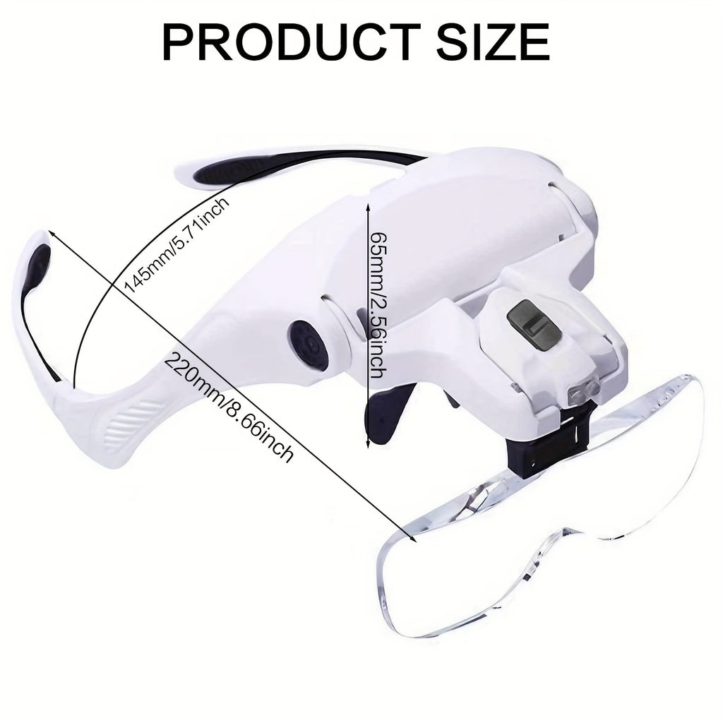LED Head Magnifier in White with Adjustable Headband and Five Interchangeable Lenses from 1X to 3.5X for Reading, Jewelry Crafts, Models and Detail Inspection