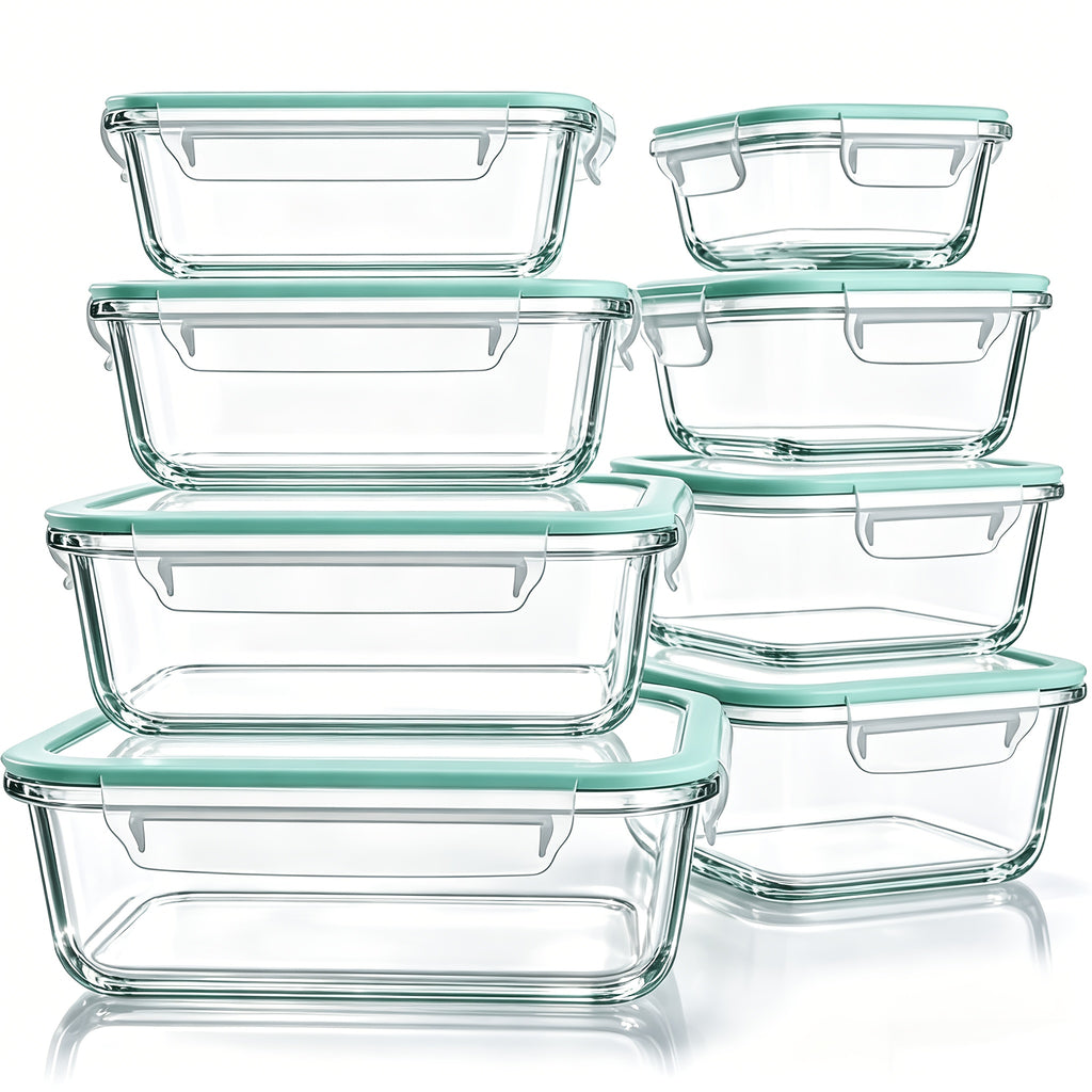 Glass Food Storage Container Set with 8 or 10 Containers and Matching Lids, Blue, Pink or Green Options for Lunch Portions and Refrigerator Organization
