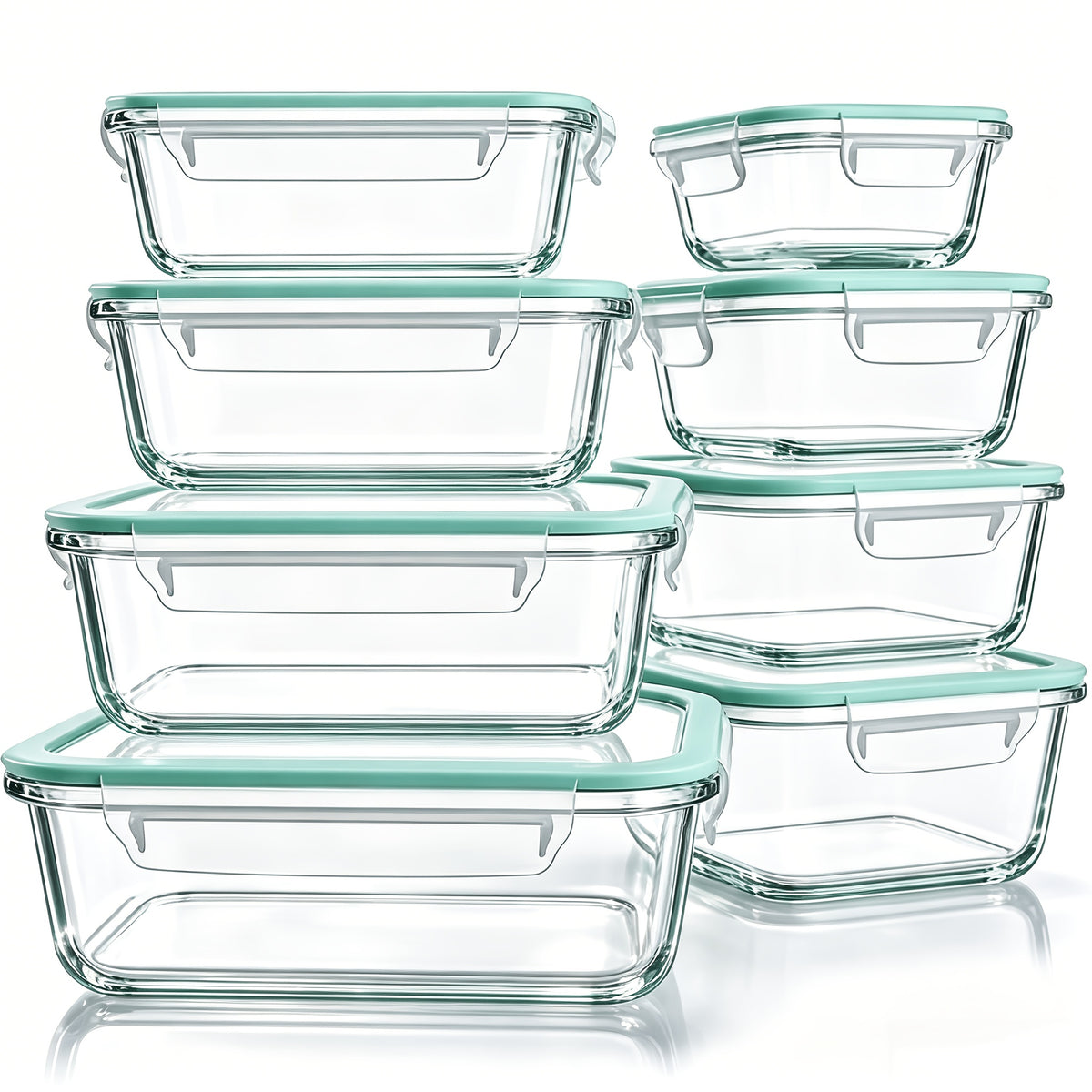 Glass Food Storage Container Set with 8 or 10 Containers and Matching Lids, Blue, Pink or Green Options for Lunch Portions and Refrigerator Organization