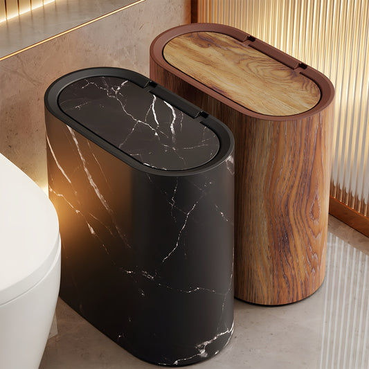 Plastic Wastebasket with Built-In Handles, Wood Grain, Black or White Options and Two-Piece Set for Bathroom, Laundry Room and Home Office