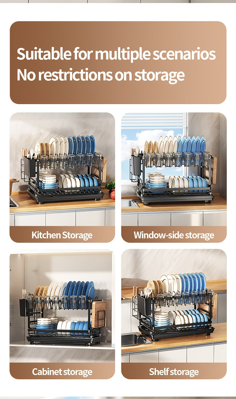 Metal Countertop Dish Rack for Kitchen Tableware Organization, Two-Tier Painted Rack Design with Utensil Holder Reference and Black, Dark Grey or Base Options