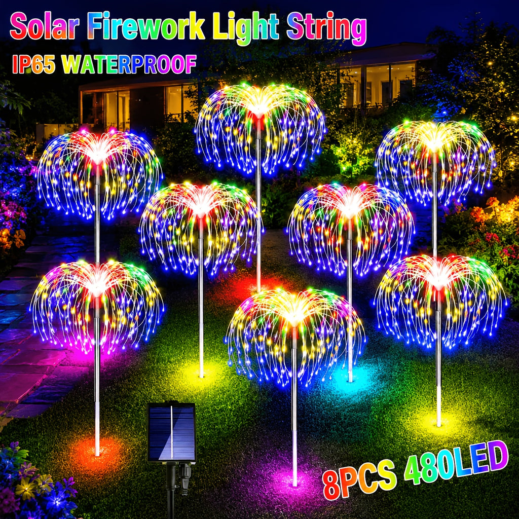 Solar Fireworks Garden Lights 8-Piece Set, Decorative Outdoor LED Lights with Listed Eight Modes in Multicolor, Warm or White Options for Lawn and Holiday Displays