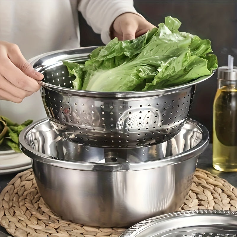 Kitchen Strainer Bowl Set, 3-Piece Stainless Steel Mixing Bowl, Filter and Grinder Kit in Silvery Finish for Rinsing Produce and Everyday Food Preparation