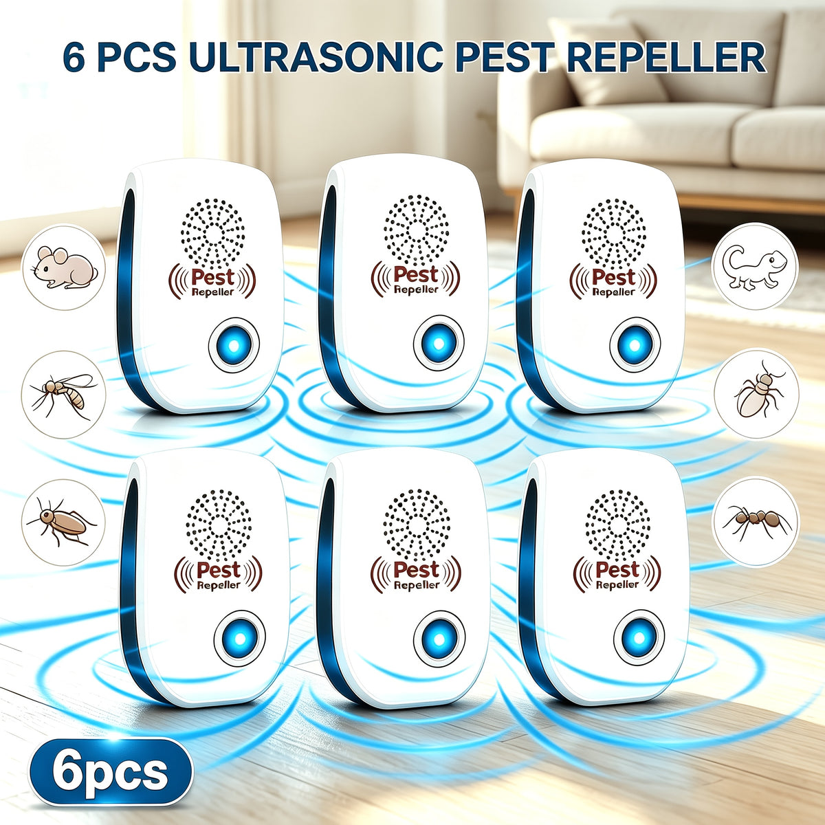 Plug-In Pest and Mouse Repellent Six-Pack with Listed Dual Speakers and Variable-Frequency Soundwave Technology, No Batteries Required for Home Placement