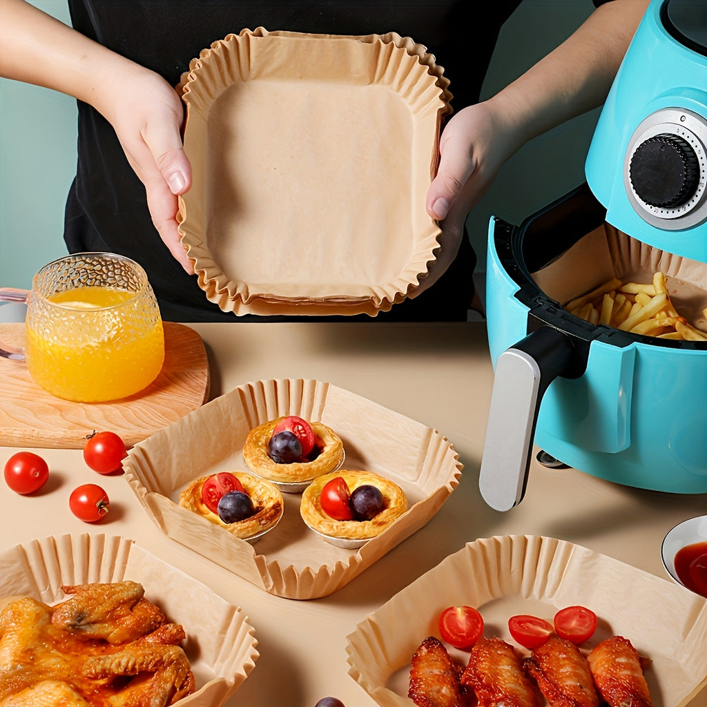 Yellow Square Air Fryer Liners in 50 or 100-Piece Packs with Listed Nonstick and Oil-Proof Design for Compatible Oven Baking and Everyday Kitchen Cooking