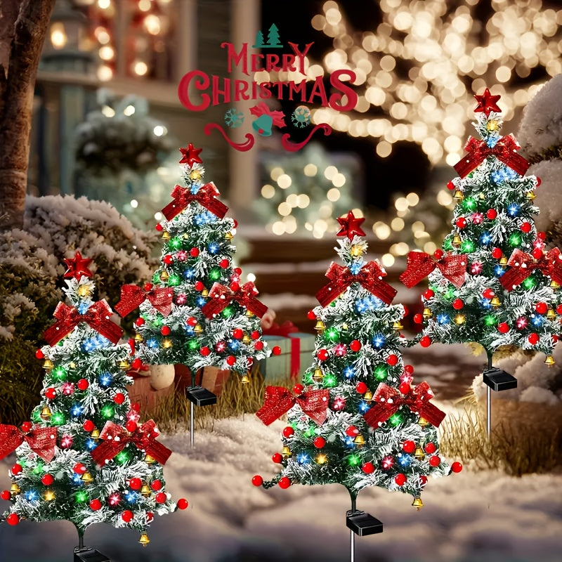 Cedar-Style Solar Holiday Tree Lights with Listed IP65 Rating and Star, Bow, Bell and Red Ball Decoration Wording, Two- or Four-Piece Labels for Lawn and Patio Decor