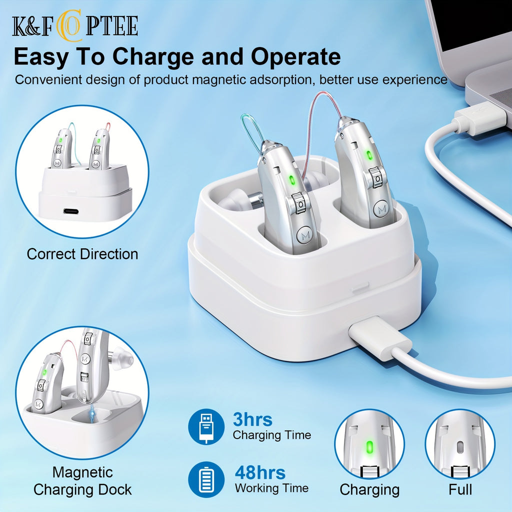 Silver Rechargeable Hearing Aids, Listed One-Pair Behind-the-Ear Devices with Volume Adjustment, Frequency Controls and USB Charging Case for Adult Listening Needs
