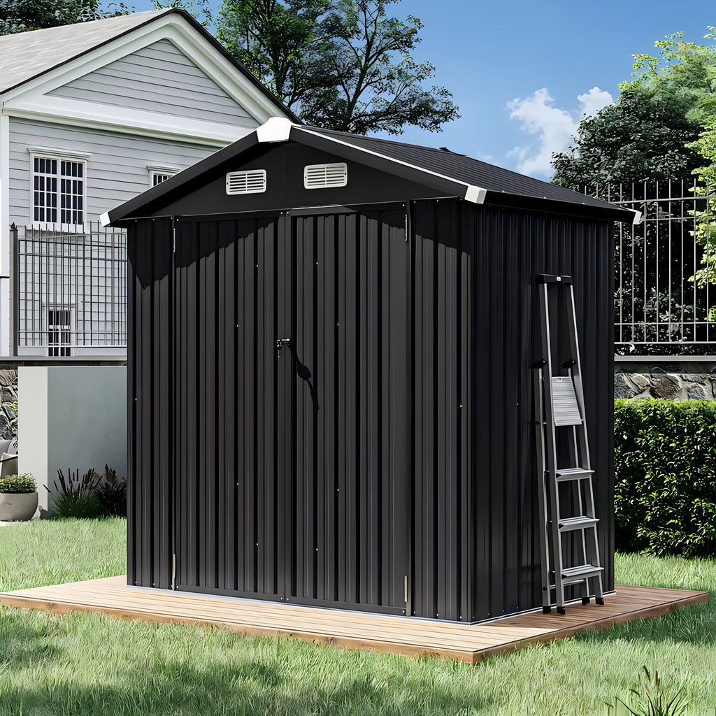 Metal Garden Storage Shed, 6 x 4 FT Class Outdoor Tool Building with Galvanized Steel Frame, Padlock-Ready Doors, Sloped Roof and Vents for Backyard Organization