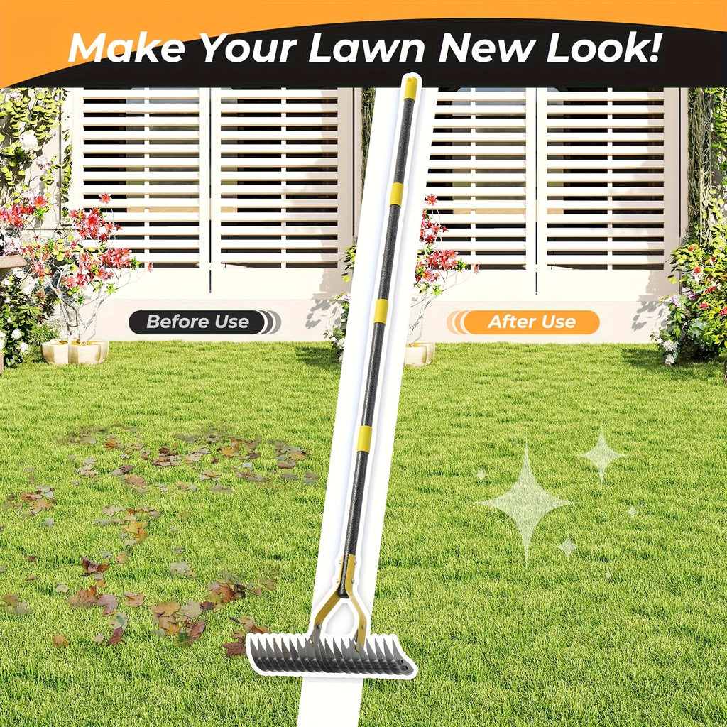 Thatch Rake with Listed 15-Inch Dethatching Blade, Manual Dual-Action Lawn Scarifier in 55inch or 72inch Models for Dead Grass Removal and Yard Care