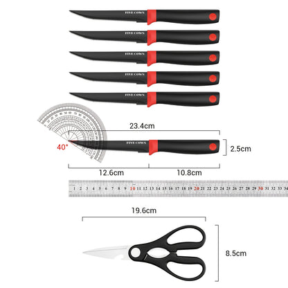High Carbon Stainless Steel Knife Set with Manual Sharpener and Holder Base, Plastic Handle Kitchen Collection in 14-Piece and 13+1 Color-Labeled Options