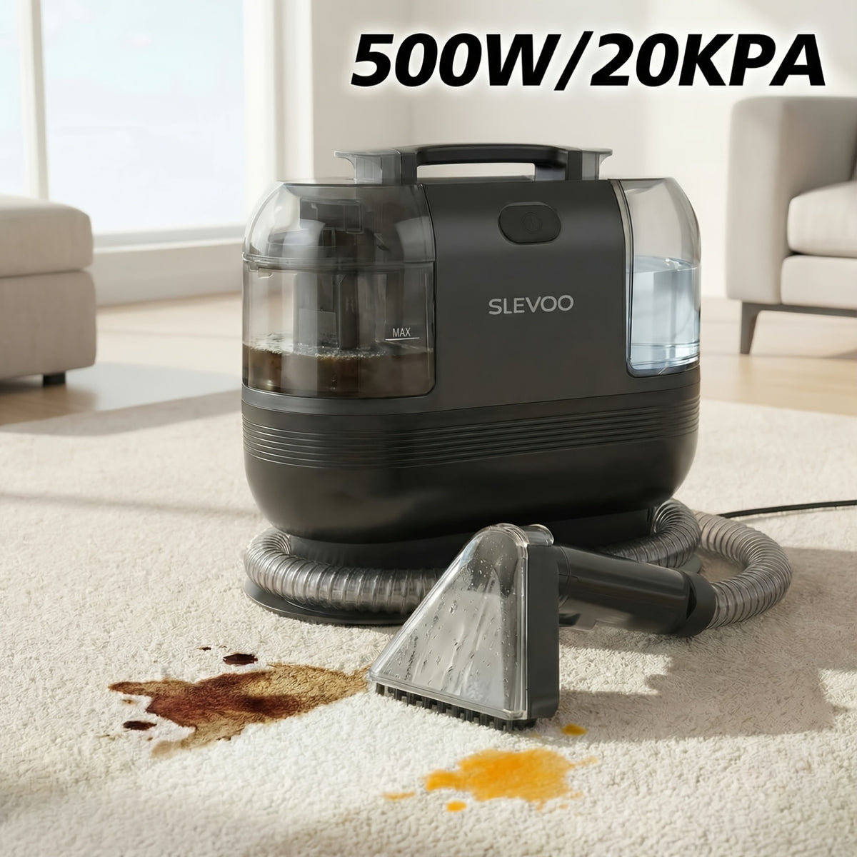 Carpet Spot Cleaner with 20kPa Suction, 500W Portable Upholstery Cleaning Machine with Dual Water Tanks and Detachable Hose for Pet Messes, Rugs and Car Seats
