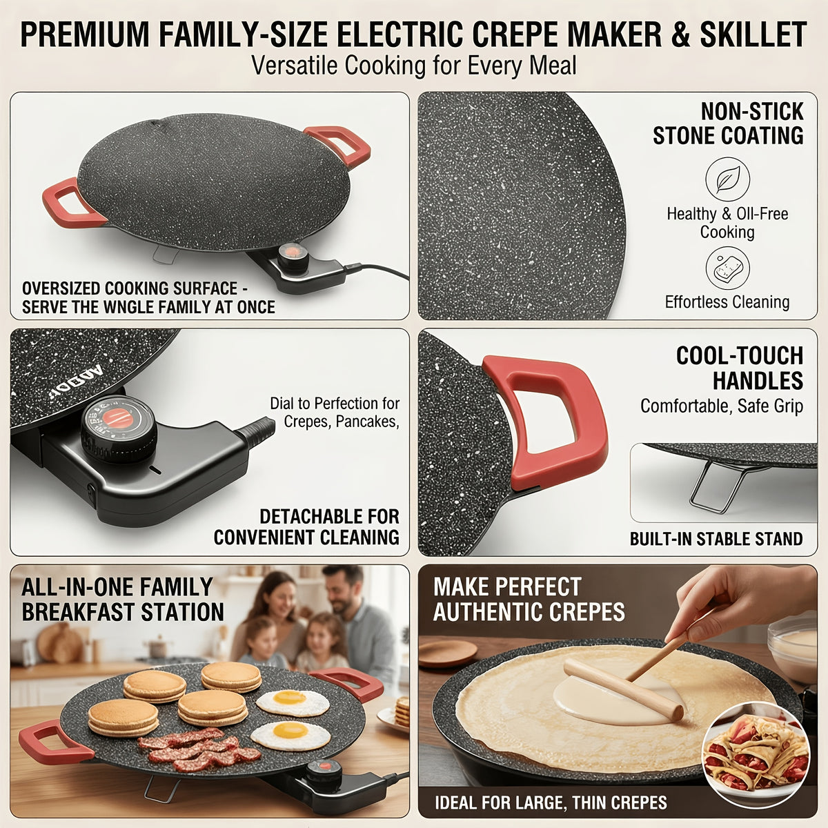 Red-Handle Electric Griddle with Nonstick Cooking Surface and Adjustable Heat Settings for Breakfast, Home BBQ and Family Meals, AR-01 or AR-02 Options