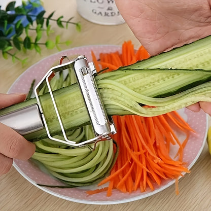 Multi-Use Fruit and Vegetable Peeler in Silvery Stainless Steel, Single Manual Kitchen Tool with Slicing, Grating and Shredding References for Home and RV Meal Prep