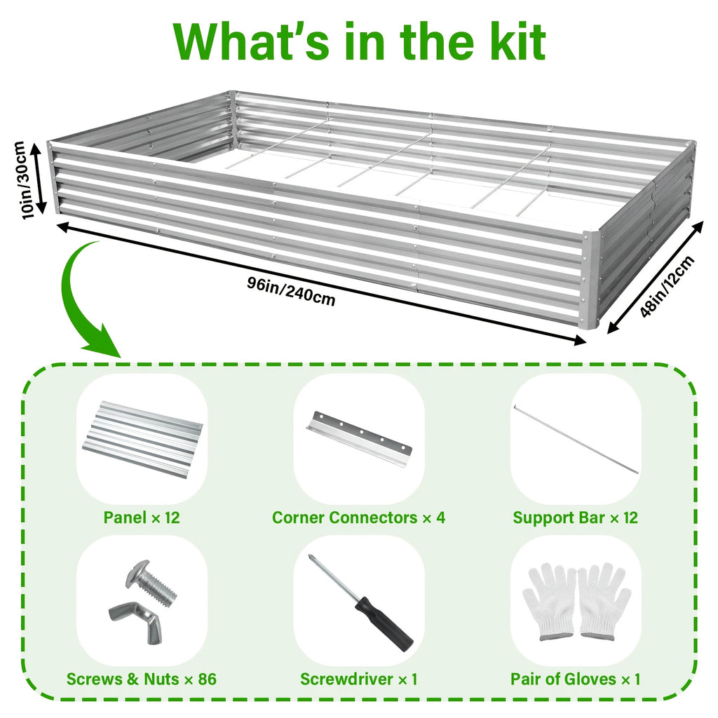 Metal Raised Garden Bed Kits with Galvanized Oval Planter Wording, Listed 4x2x1ft and 8x4x1ft Multipack Options plus Single-Bed Label for Outdoor Garden Planning