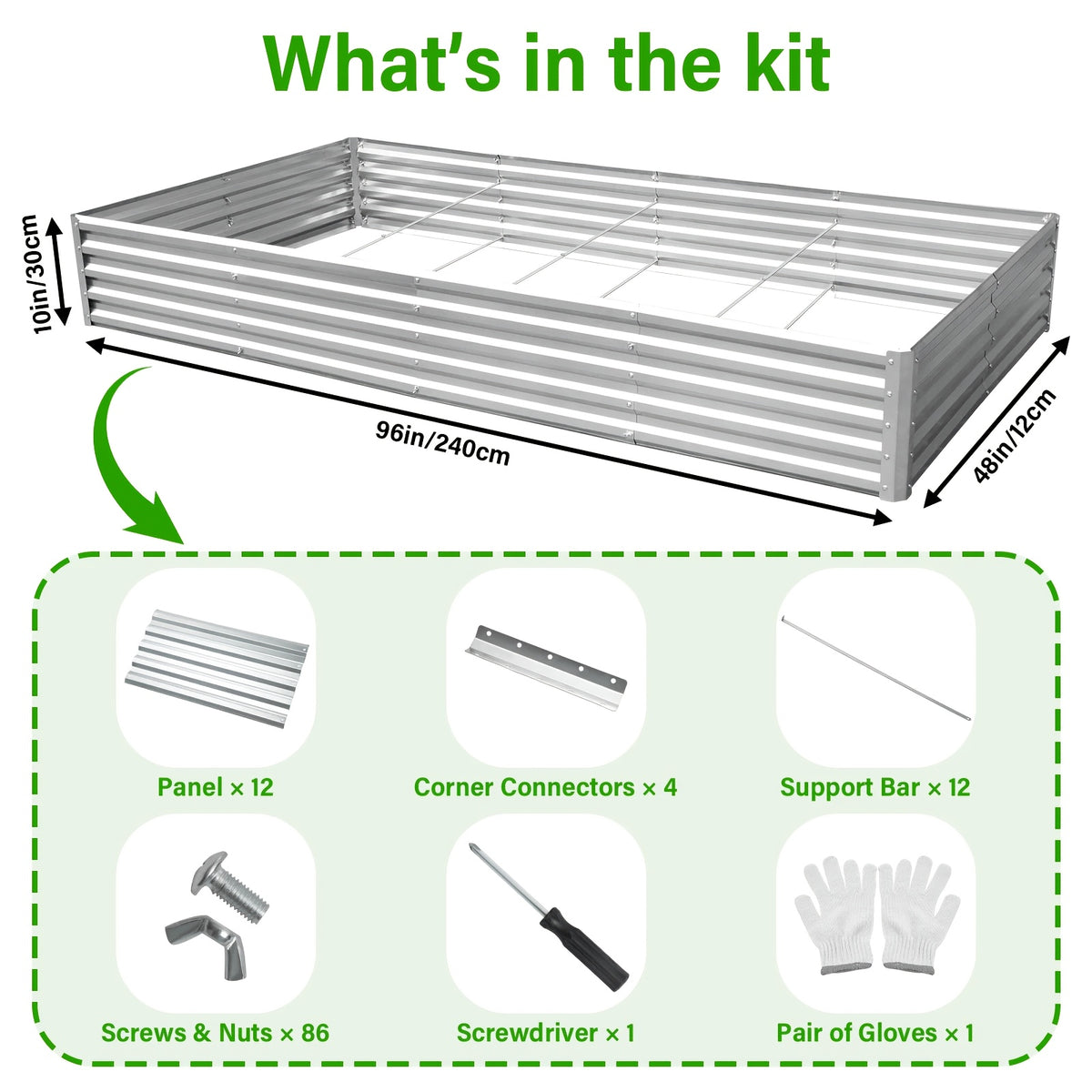 Metal Raised Garden Bed Kits with Galvanized Oval Planter Wording, Listed 4x2x1ft and 8x4x1ft Multipack Options plus Single-Bed Label for Outdoor Garden Planning