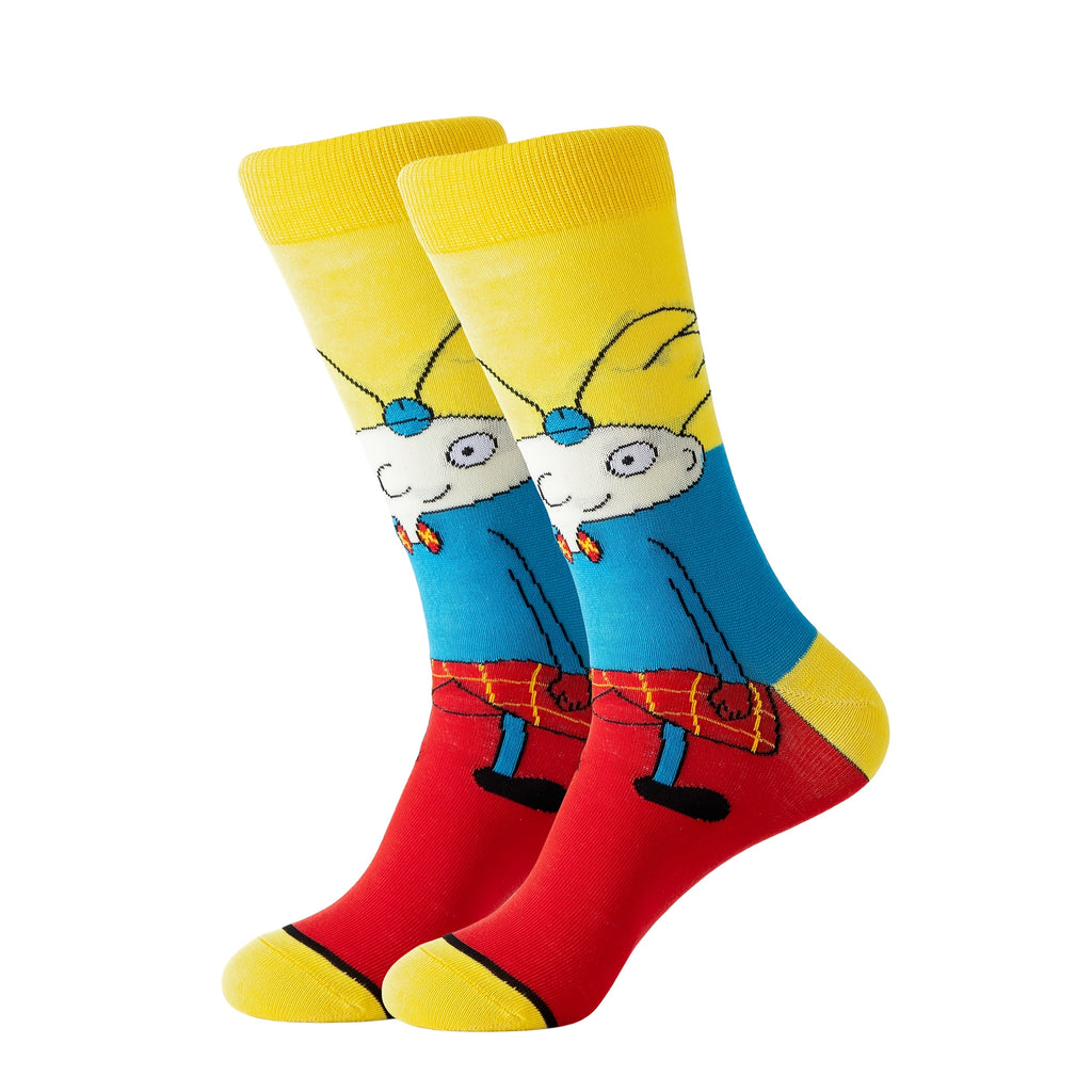 Random Color Cartoon Socks, Mid-Calf Knit Multipacks in 5, 10, 20 or 22-Pair Options with 97.8% Polyester and One-Size Label for Unisex Everyday Casual Outfits