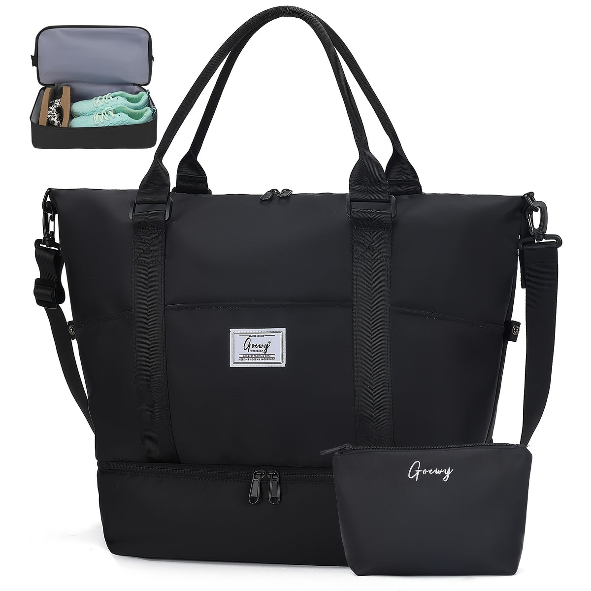 Women's Travel Duffel and Toiletry Bag Set with Nine Pockets, Shoe Compartment, Wet Pocket and Luggage Sleeve for Gym and Weekend Trips