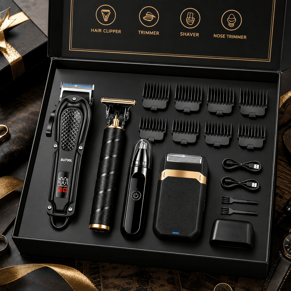 USB Rechargeable Hair Clipper and Trimmer for Men with LCD Display, Cordless Grooming Tool with Black A, Black B and 8-in-1 Gift Box Options