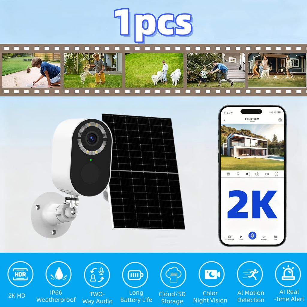 Solar WiFi Surveillance Camera with Listed 2K Imaging, Two-Way Voice and Color Night Vision, White or Black in One- or Two-Piece Home Monitoring Options