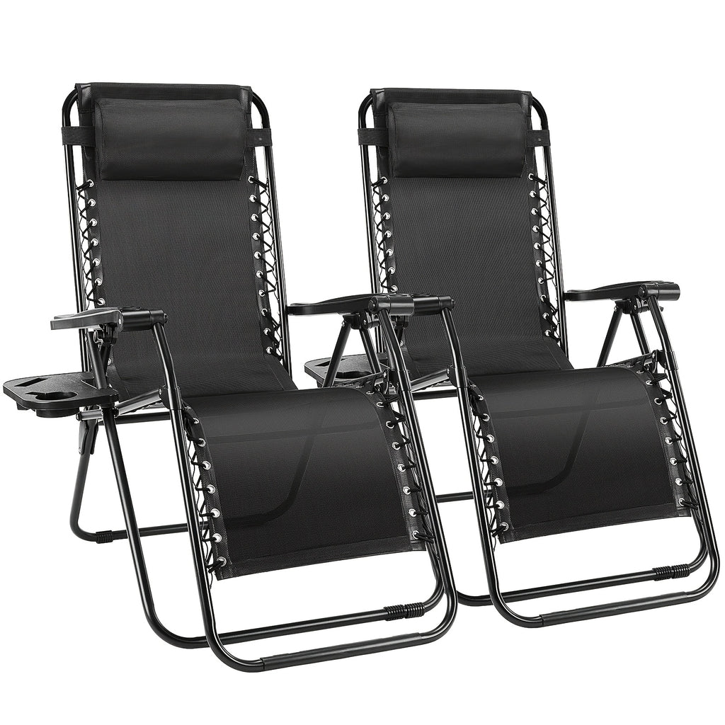 Zero Gravity Chair Set of Two with Adjustable Reclining, Listed Breathable Fabric, Cup Holder Trays and Headrest Pillow for Patio, Camping and Backyard Lounging