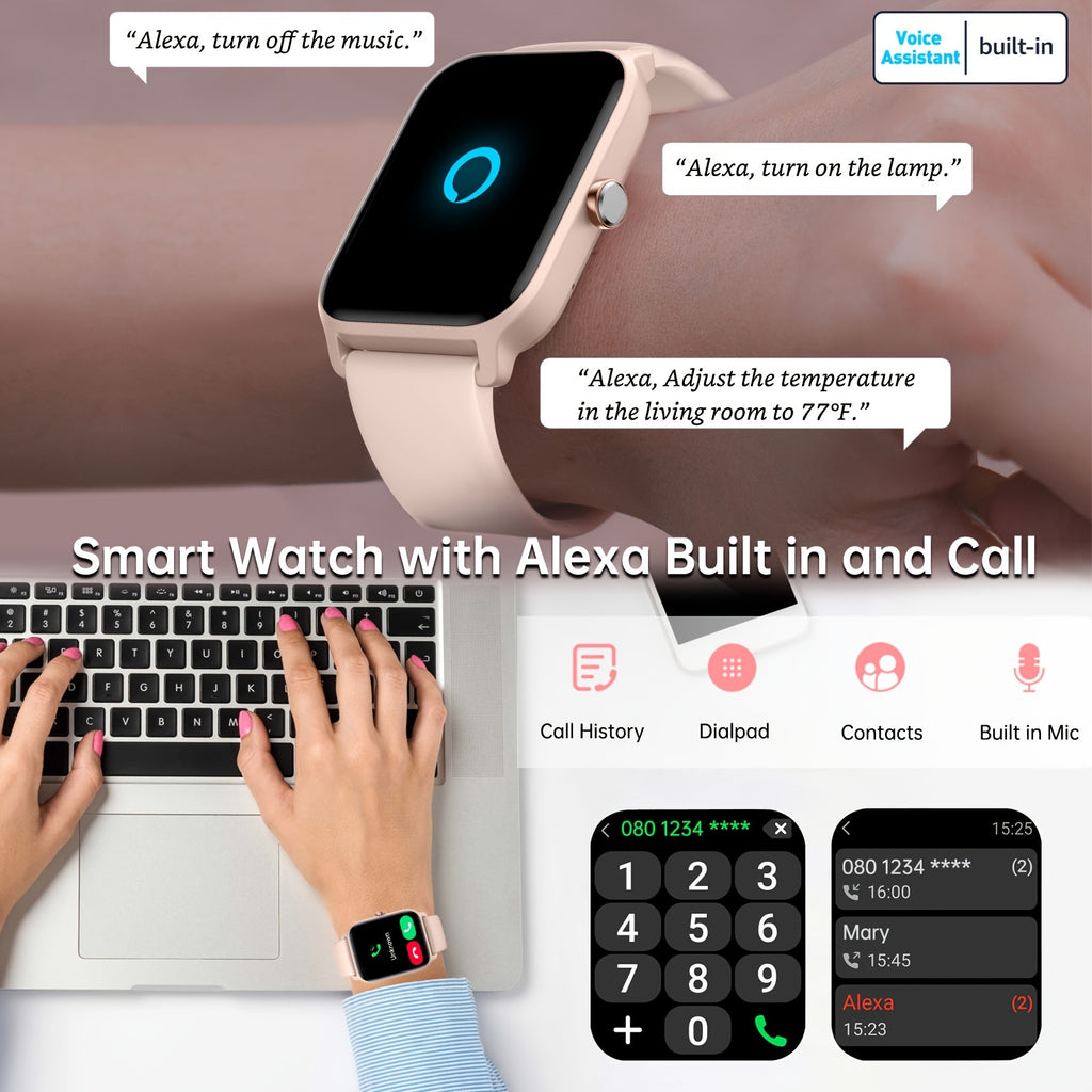 FUVEHA Alexa Smartwatch in Upgraded White with Listed 1.8-Inch HD Full Touchscreen, Call Functions, Message Notifications and 100+ Sports Modes for Adults