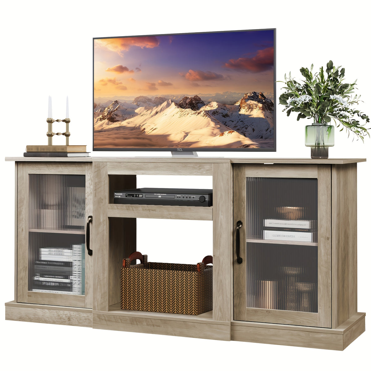 Retro TV Stand with Open Storage Shelves, Black, Rustic Brown or Greige Media Console for Compatible Television Setups in Living Rooms and Bedrooms