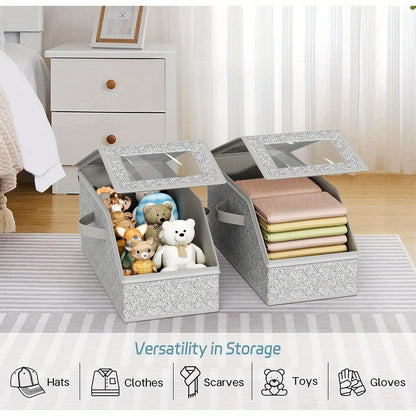 Stackable Baseball Cap Storage Boxes with Clear Viewing Window, Gray Hat Organizers in 2 or 4-Piece Sets for Closet Shelves, Socks and Small Accessories