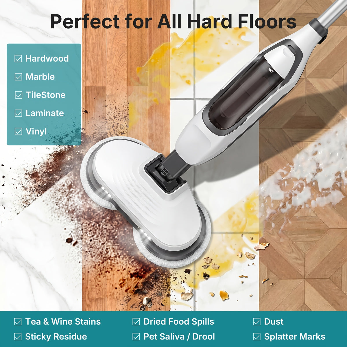 Dual Spin Steam Mop with Rotating Pads, Two LED Lights, Four Listed Modes and 16.4ft Power Cord for Compatible Floor Cleaning in White, Gray or Green