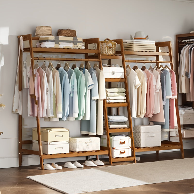 Bamboo Garment Rack with Adjustable Shelves, Five Side Storage Racks and Hat Hooks for Bedroom Organization, Brown or Nature with Four Size and Bag Option Labels