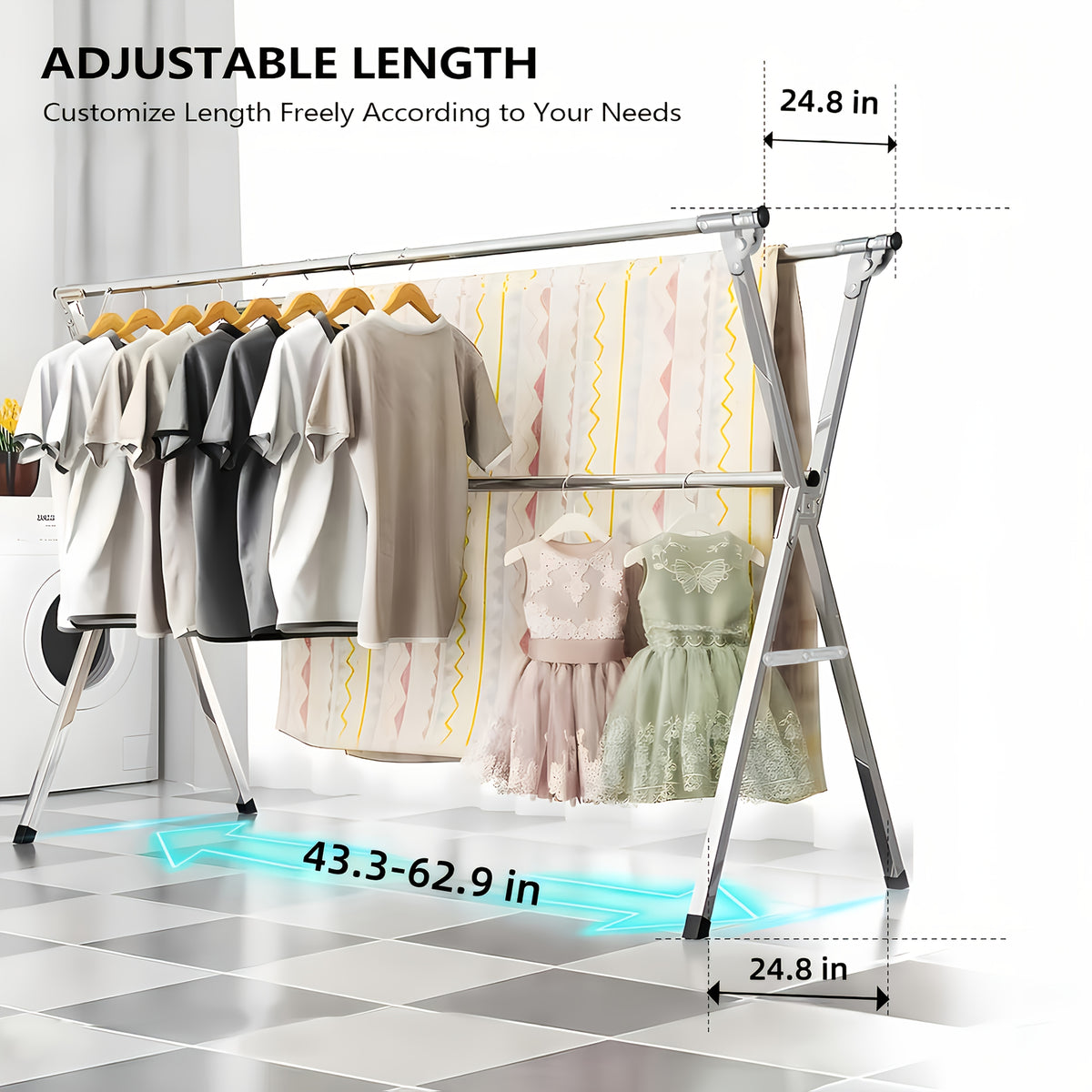 Three-Rod Clothes Drying Rack, Foldable Adjustable Metal Laundry Stand in Three Pole Galvanized Model for Clothing, Blankets and Bedding Air-Drying Routines