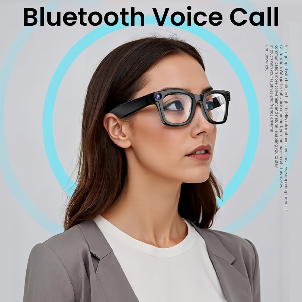 Smart Camera Glasses with Black Sunglasses and Transparent Lens Options, Including 5MP-Labeled Styles, Listed Wireless Video, Audio and AI Voice Features