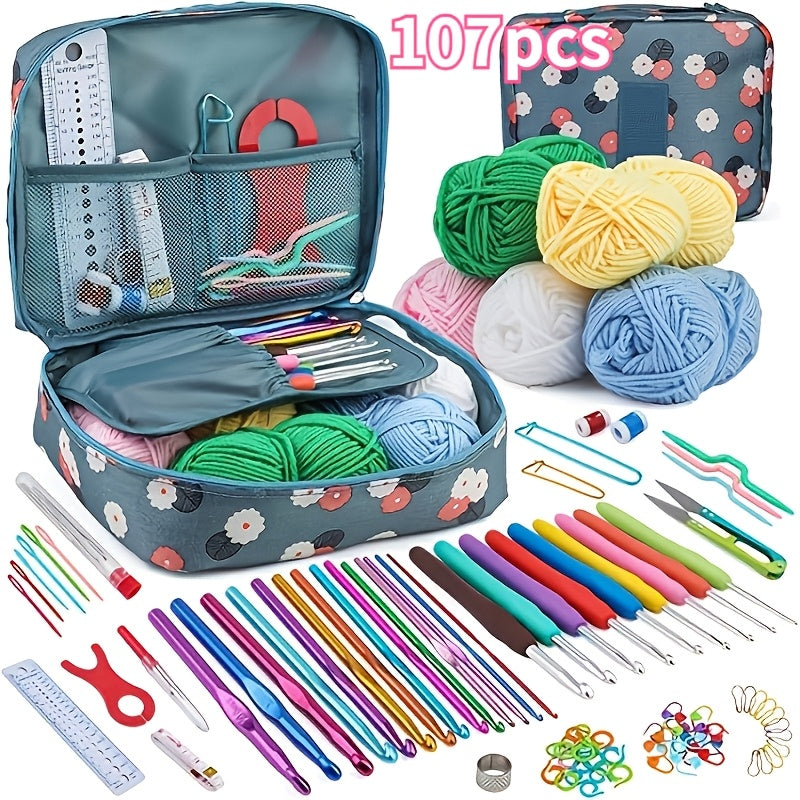 Multicolor Yarn Crochet Kit with Listed 130-Piece Set, Fabric Storage Bag, Hooks, Scissors, Needles and Stitch Markers for Creative DIY Projects and Handmade Gifts