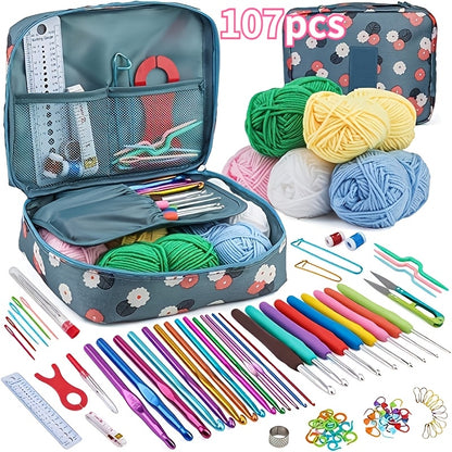 Multicolor Yarn Crochet Kit with Listed 130-Piece Set, Fabric Storage Bag, Hooks, Scissors, Needles and Stitch Markers for Creative DIY Projects and Handmade Gifts
