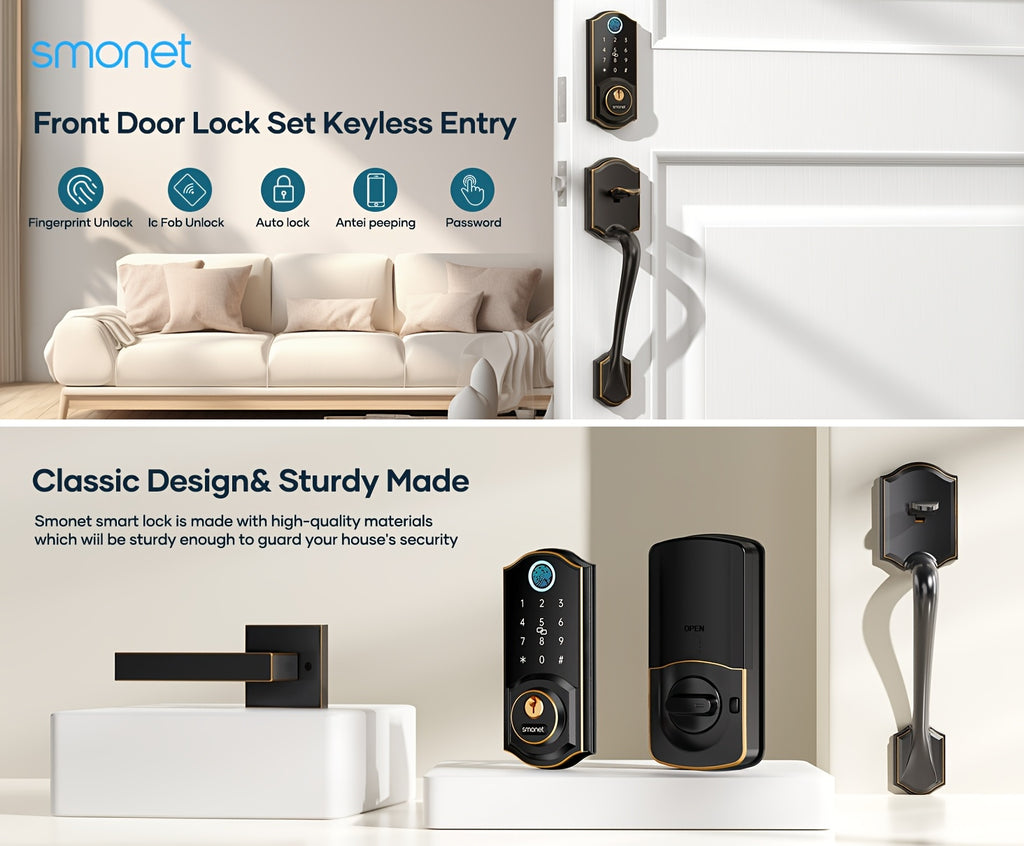 SMONET Fingerprint Deadbolt and Handle Set with Bluetooth, Digital Keypad, Phone App and Auto-Lock Wording, Black, Silvery or Oil Rubbed Bronze Options