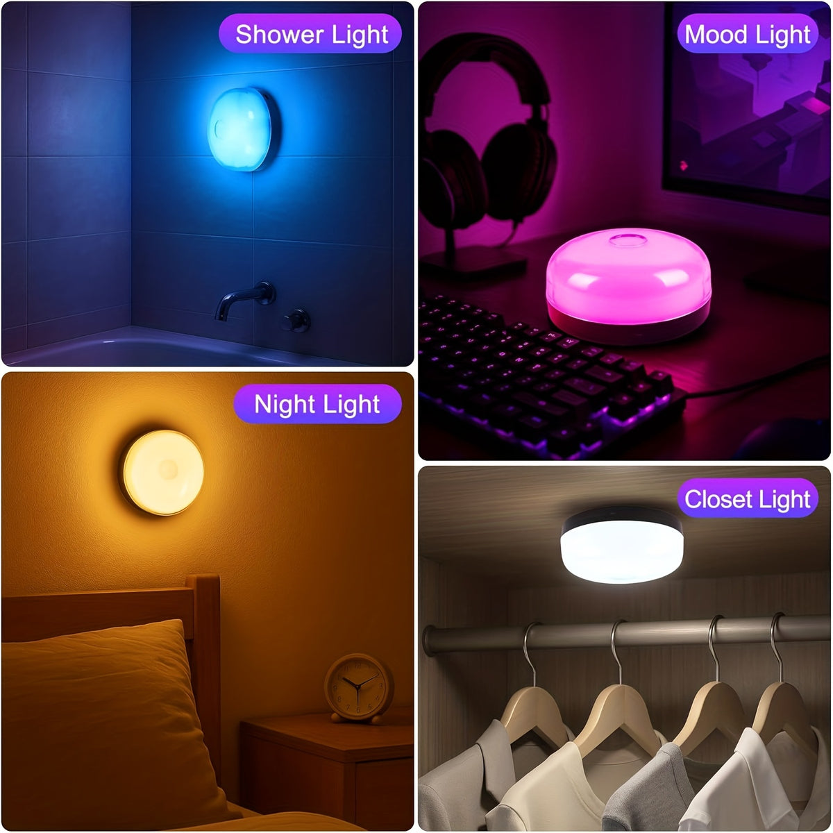 Rechargeable RGBW Mood Lights, 2 or 4 Pack with 15 Color Options, Cool White, Magnetic Mounting, Remote Dimming and Timer for Indoor Ambient Decor