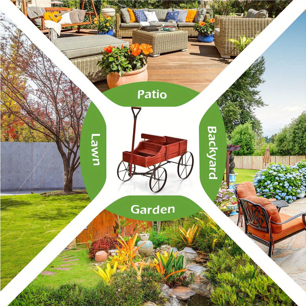 Wooden Planter Cart with Two Planting Boxes, Four Iron Wheels and Pull Handle, Painted Fir Wood Garden Flower Stand with 33lb Listed Load Limit in Five Colors