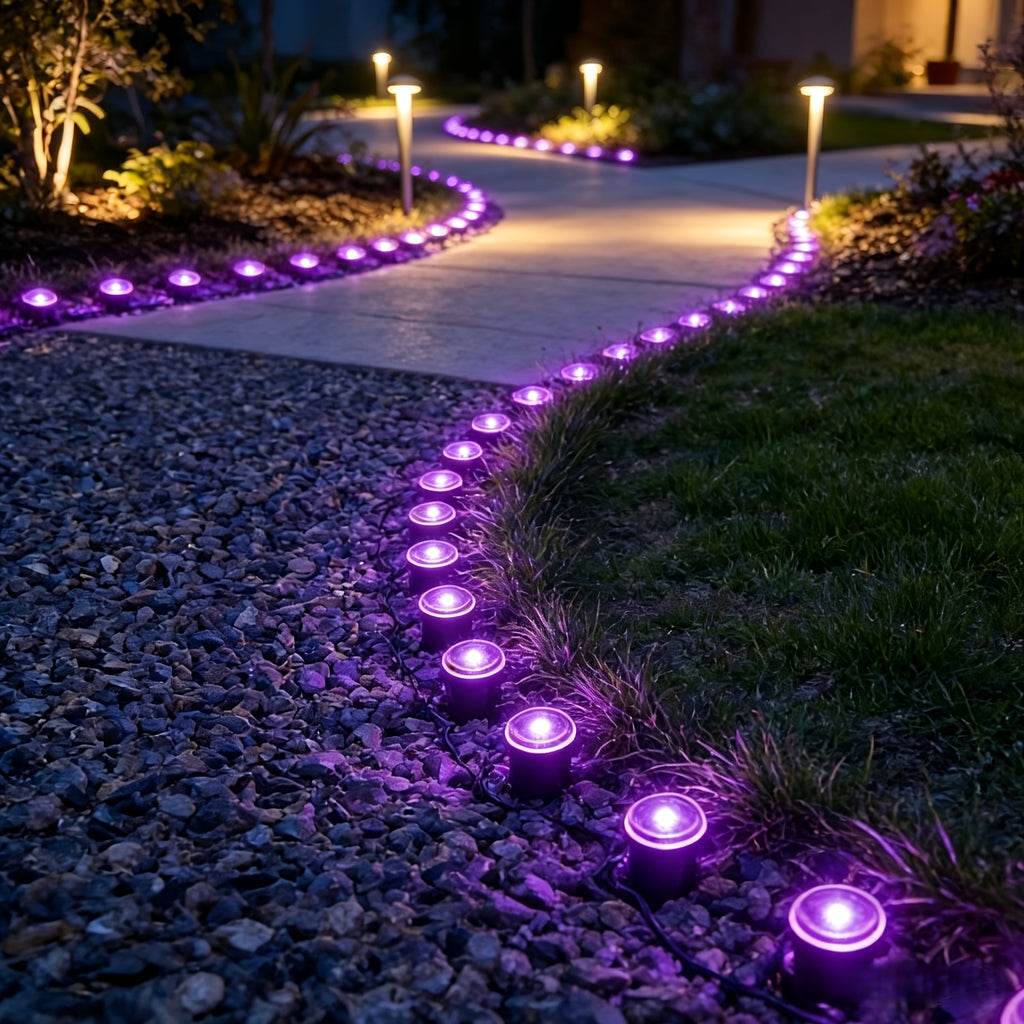 Purple or Blue Solar Lawn Stake Lights, 30 LED Style Options with Listed IP44 Rating for Garden Paths, Courtyards, Outdoor Parties and Wedding Decor