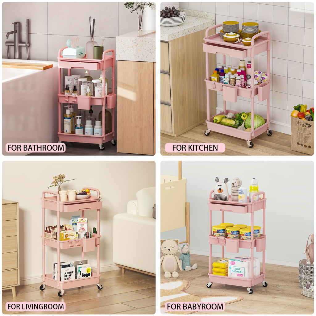 Three-Tier Rolling Storage Cart with Drawer, Plastic Organizer with Lockable Wheels, Listed Cup Holders and Hooks in Five Colors for Kitchen, Bathroom and Office