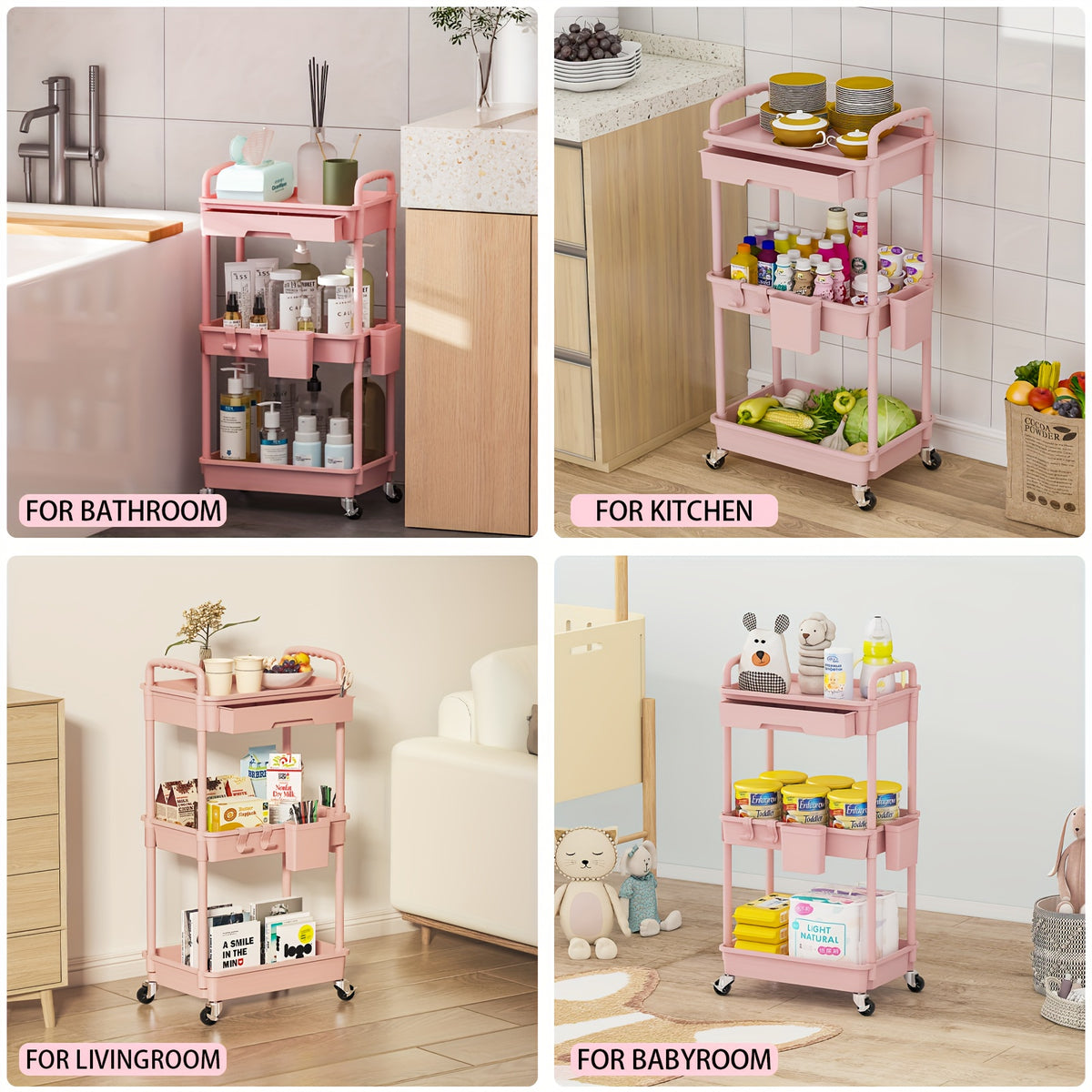 Three-Tier Rolling Storage Cart with Drawer, Plastic Organizer with Lockable Wheels, Listed Cup Holders and Hooks in Five Colors for Kitchen, Bathroom and Office
