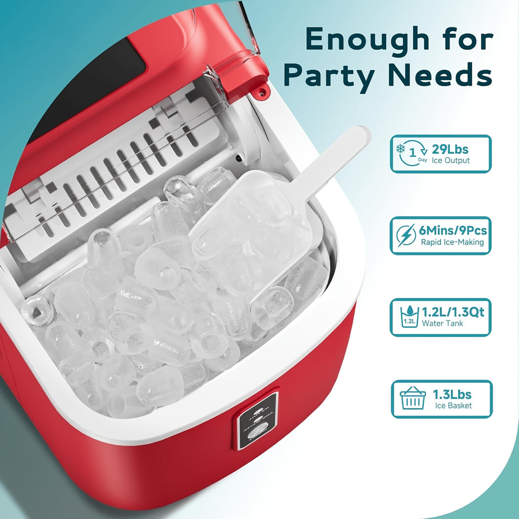 Carry-Handle Countertop Ice Maker with Bullet or Nugget Ice Option Labels, Self-Cleaning Wording, Basket and Scoop for Kitchen and Office Drink Preparation