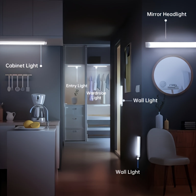 Rechargeable LED Motion Sensor Cabinet Lights, USB Wireless Under Cabinet Lighting, 3 Modes, Magnetic Stick-On Night Light Bar for Kitchen, Closet, Hallway, Stairs, Bedroom, 6/9/12-Pack, 3 Sizes